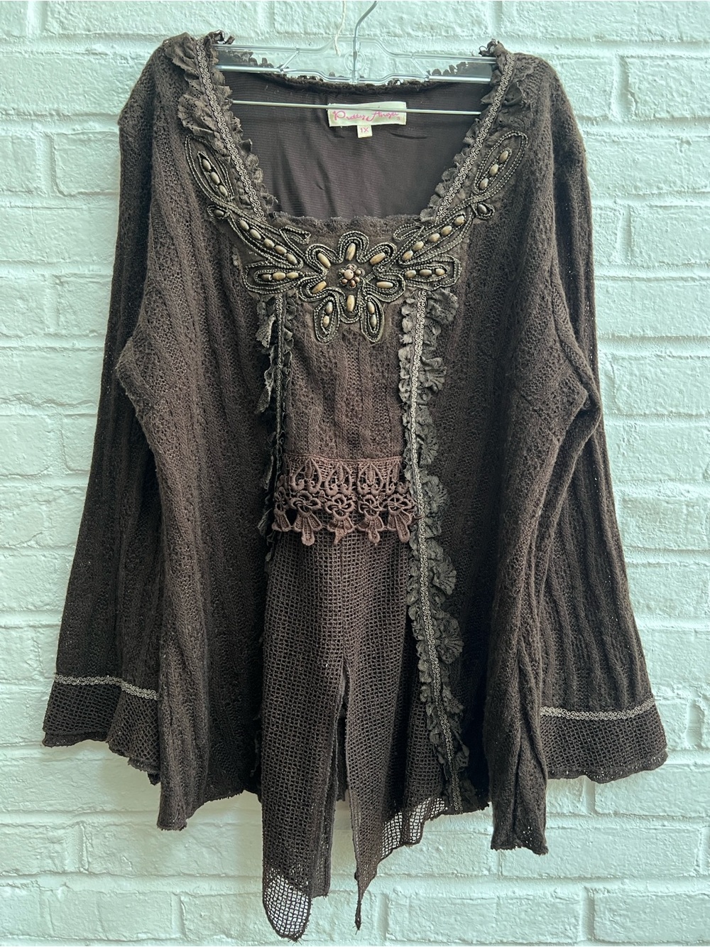 PRETTY ANGEL Brown Embroidery beaded Sweater Longsleeve Square Neck Mesh Lace - Picture 2 of 15